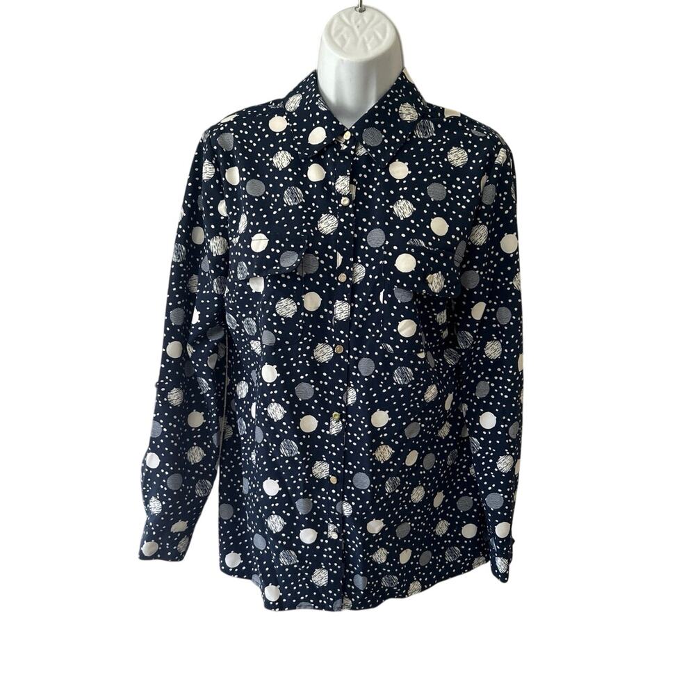 Vtg Dress Casual Blouse, Navy Wht Polkadot Long Sleeve Women’s S Notations